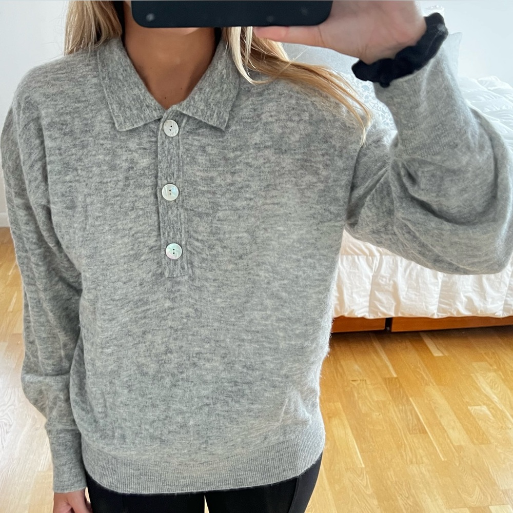 & other stories long sleeve button up collared sweater heather grey size small